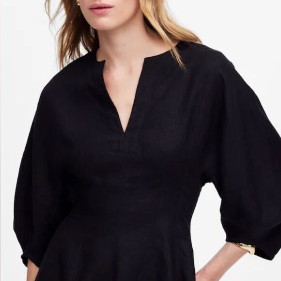 MADEWELL Black Splitneck Mini Dress in 100% Linen Size 8 - Picture 5 of 6